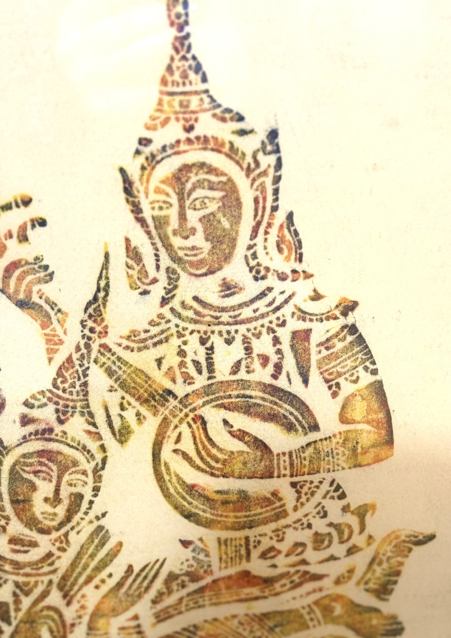 Vintage Thai Temple Rice Rubbing Framed Artwork - Thai Temple Colored Rice Rubbing Three Musicians Piece