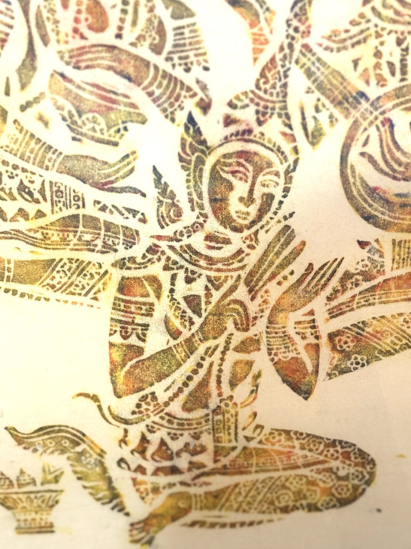 Vintage Thai Temple Rice Rubbing Framed Artwork - Thai Temple Colored Rice Rubbing Three Musicians Piece