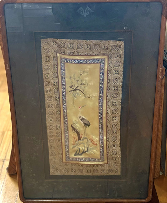 Framed Chinese Silk Embroidery Panel - Antique Silk Embroidery with Bird and Floral Scene
