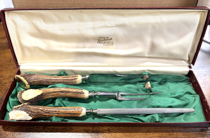 Vintage Three-Piece Rickards Sheffield Carving Set With Staghorn Handles - Vintage Richards of Sheffield England 3-Piece Carving Set