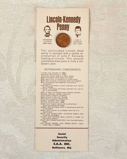 Vintage Lincoln-Kennedy Penny Astonishing Coincidences Card - Lincoln Head Penny with JFK Profile Commemorative Card