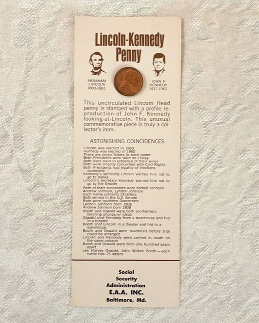 Vintage Lincoln-Kennedy Penny Astonishing Coincidences Card - Lincoln Head Penny with JFK Profile Commemorative Card
