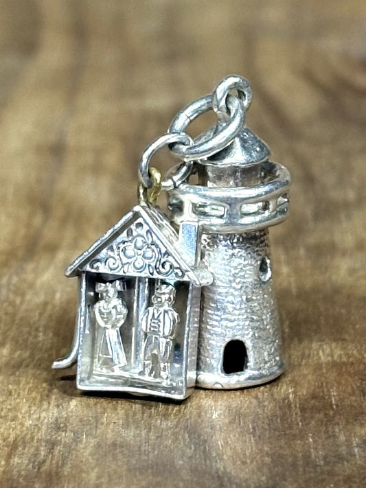 Vintage Sterling Silver Opening Church Marrying Couple Lighthouse Charm - Moving Wedding Chapel & Lighthouse Sterling Silver Charm