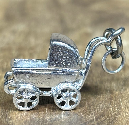 Keepsake Baby Shower Gift Charm - Vintage Sterling Silver Baby Stroller Charm - Sterling Silver Baby Carriage Charm