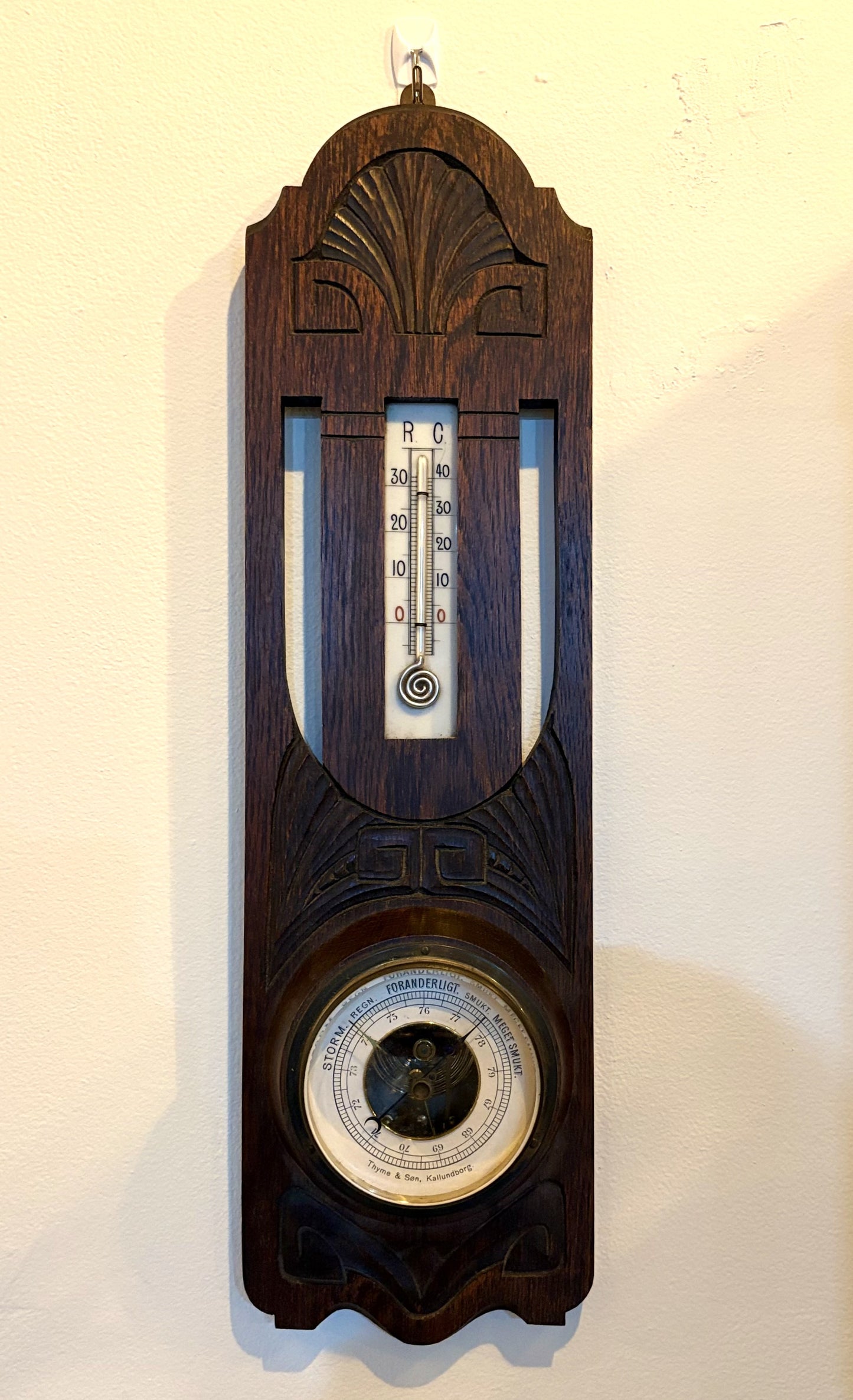 Antique 1892 Thyme & Søn Kallundborg Wood Carved Weather Station - 19th Century Danish Art Nouveau Barometer & Thermometer by Thyme & Søn