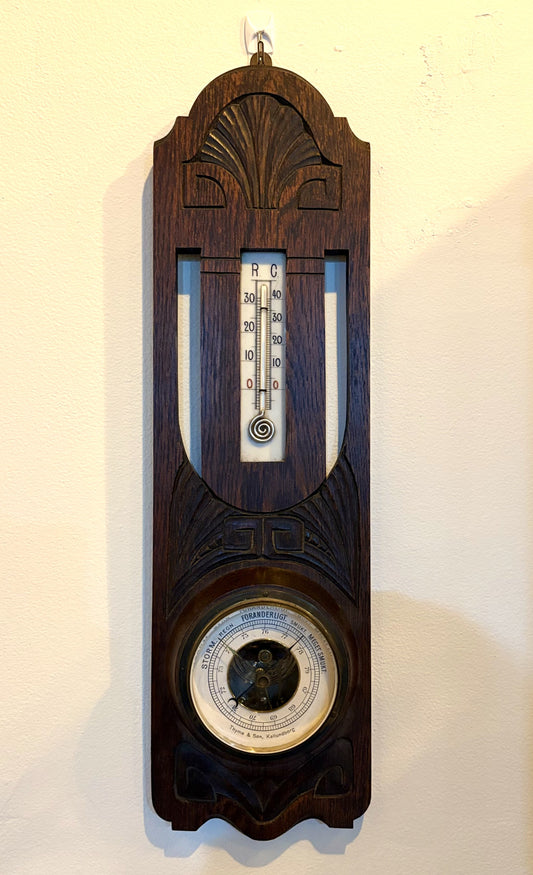 Antique 1892 Thyme & Søn Kallundborg Wood Carved Weather Station - 19th Century Danish Art Nouveau Barometer & Thermometer by Thyme & Søn