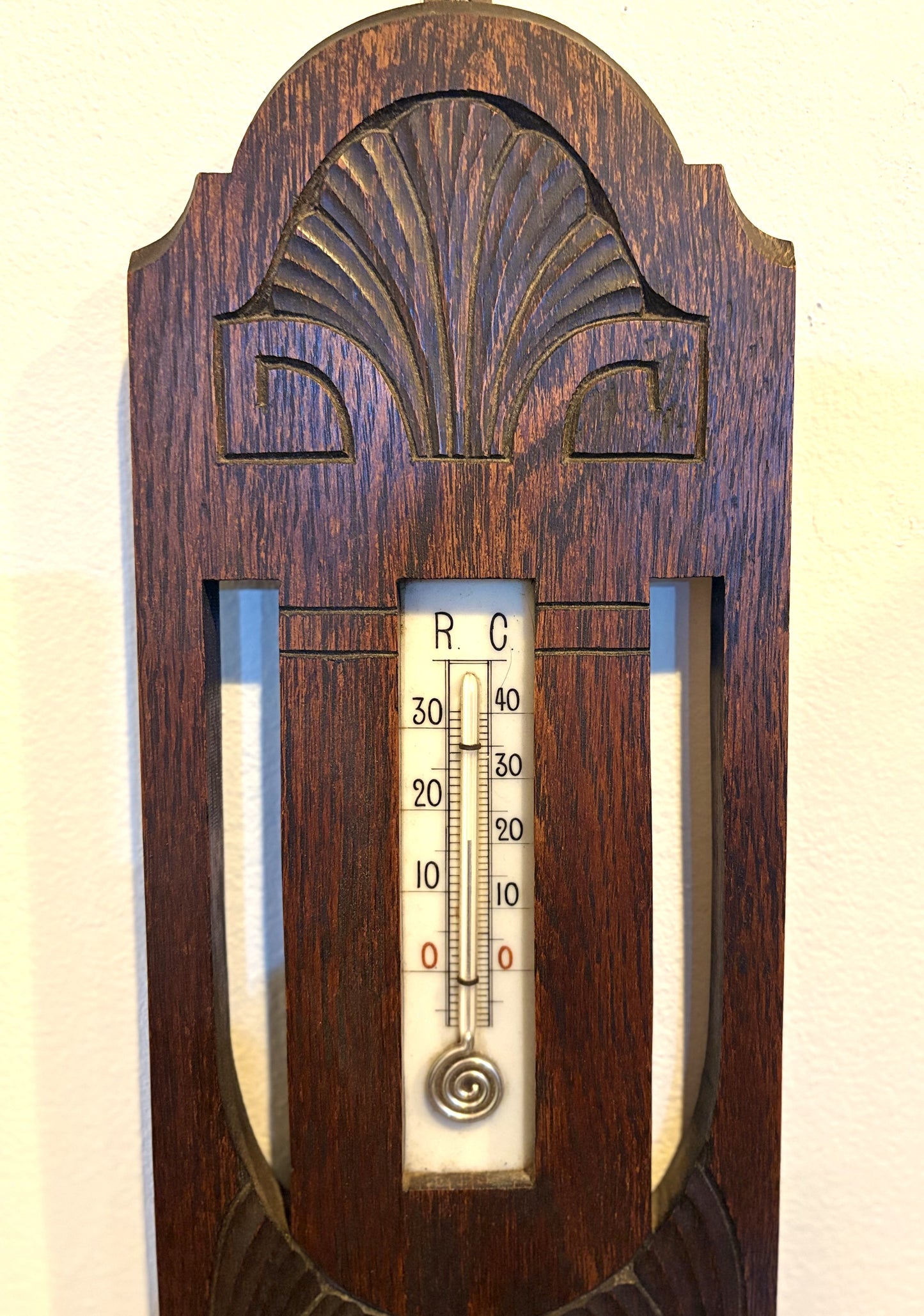 Antique 1892 Thyme & Søn Kallundborg Wood Carved Weather Station - 19th Century Danish Art Nouveau Barometer & Thermometer by Thyme & Søn
