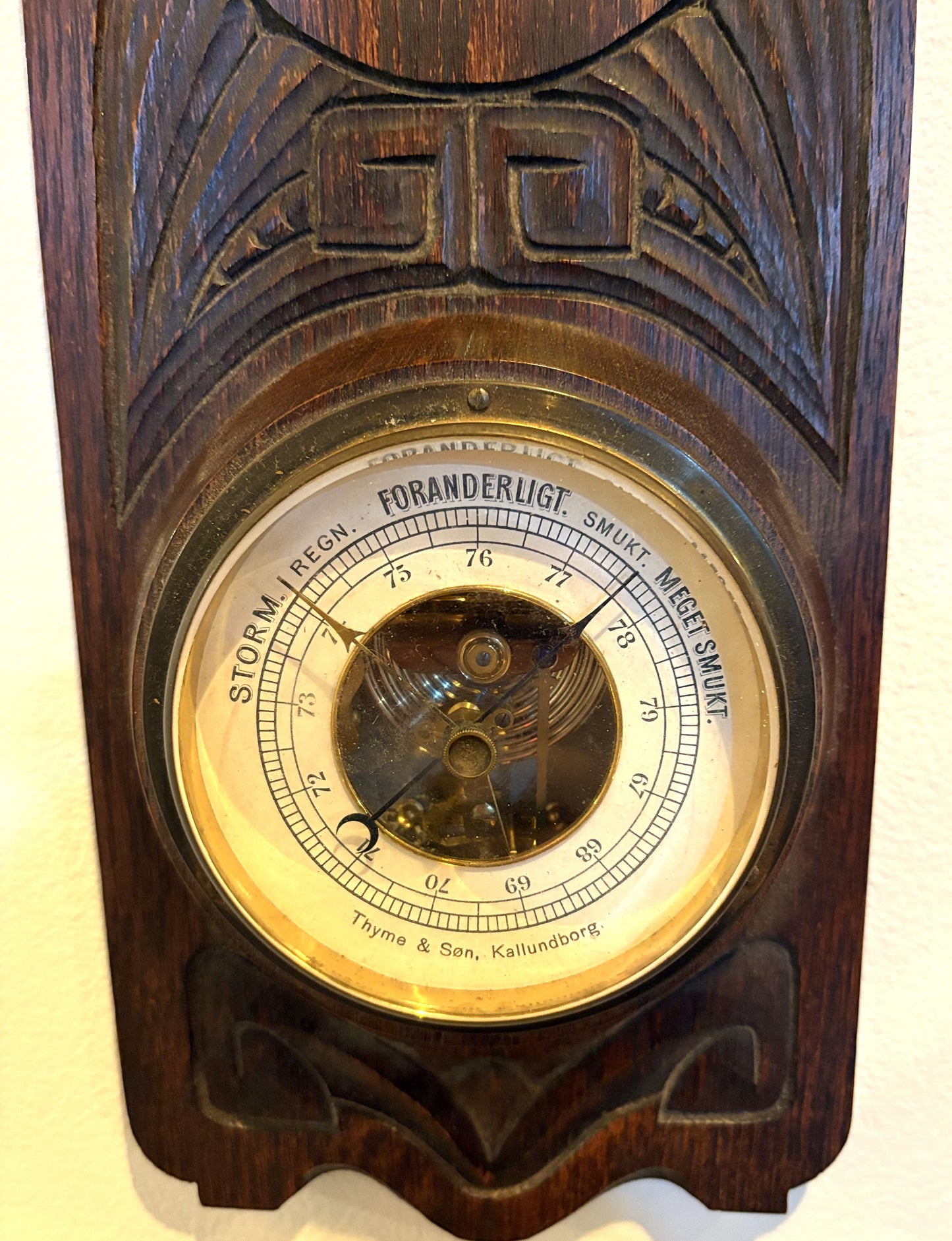 Antique 1892 Thyme & Søn Kallundborg Wood Carved Weather Station - 19th Century Danish Art Nouveau Barometer & Thermometer by Thyme & Søn
