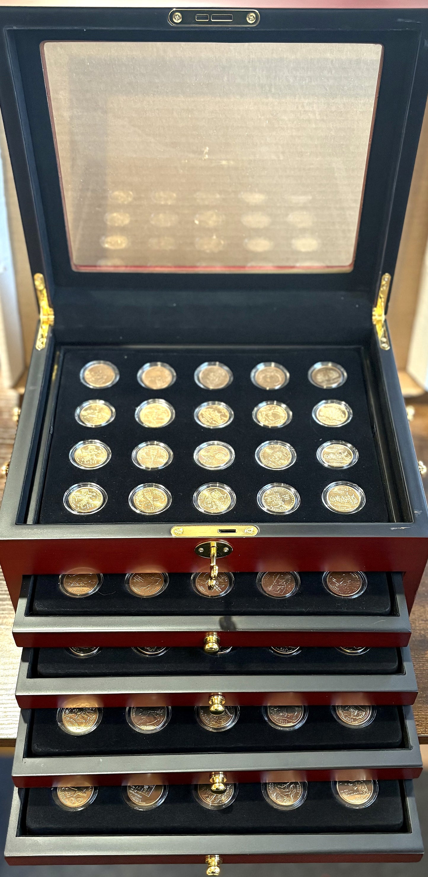 1999–2008 Complete Gold Plated State Quarter Set 100 Coins P & D Mints - 1999–2008 P&D Gold Plated Statehood Quarter Collection in Mahogany Drawer Chest