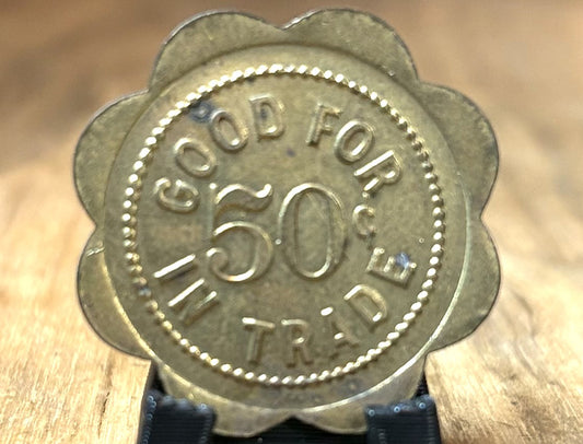 Vintage Heber Mercantile Company, Heber, Utah, 50¢ Trade Token, Scalloped Brass - Antique Utah Trade Token: Heber Mercantile Co. 50¢ In Trade