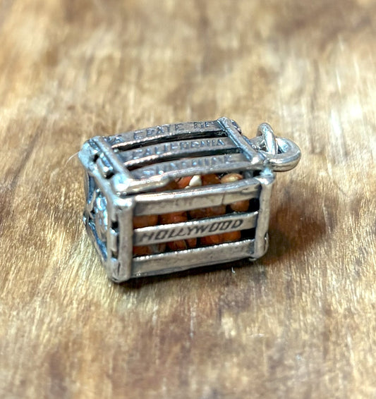 "Crate of California Sunshine" Sterling Silver Charm with Miniature Oranges - Sterling Silver Miniature Citrus Crate Charm with Engraved Hollywood, Los Angeles, and San Francisco Slats