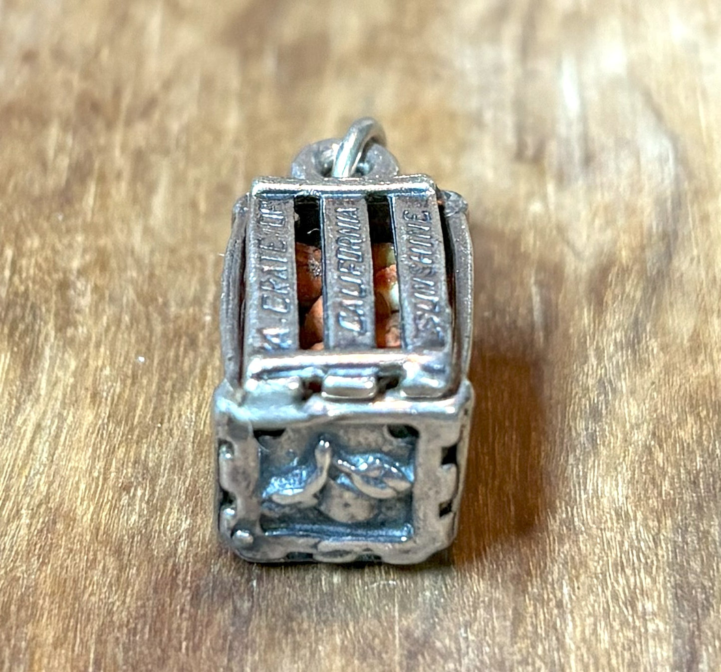"Crate of California Sunshine" Sterling Silver Charm with Miniature Oranges - Sterling Silver Miniature Citrus Crate Charm with Engraved Hollywood, Los Angeles, and San Francisco Slats
