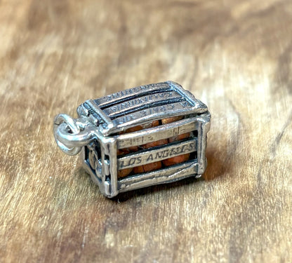 "Crate of California Sunshine" Sterling Silver Charm with Miniature Oranges - Sterling Silver Miniature Citrus Crate Charm with Engraved Hollywood, Los Angeles, and San Francisco Slats