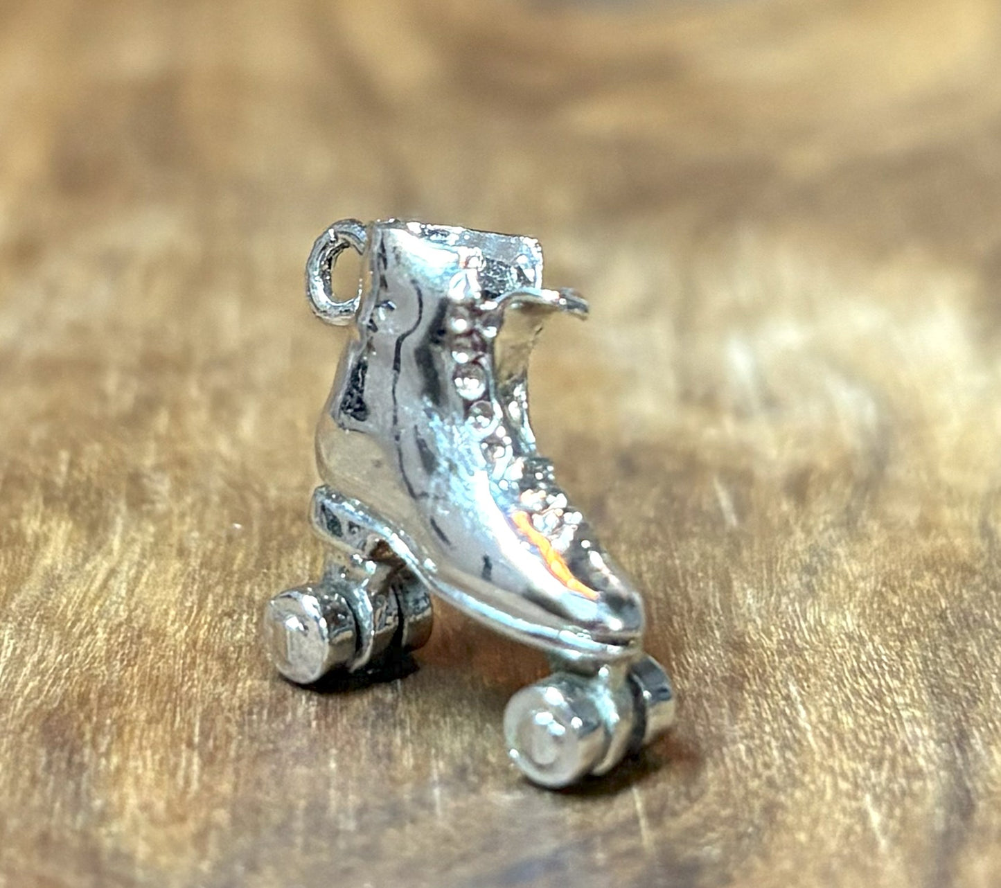 Miniature Retro Roller Skate 3D Silver Charm with Rotating Wheels - 3D Sterling Silver Roller Skate Charm with Movable Wheels