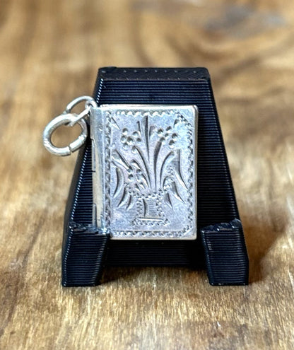 Antique Sterling Silver Miniature "Opening Book" Locket Charm - Vintage Mechanical Book Charm for Bracelet Engraved Silver Locket