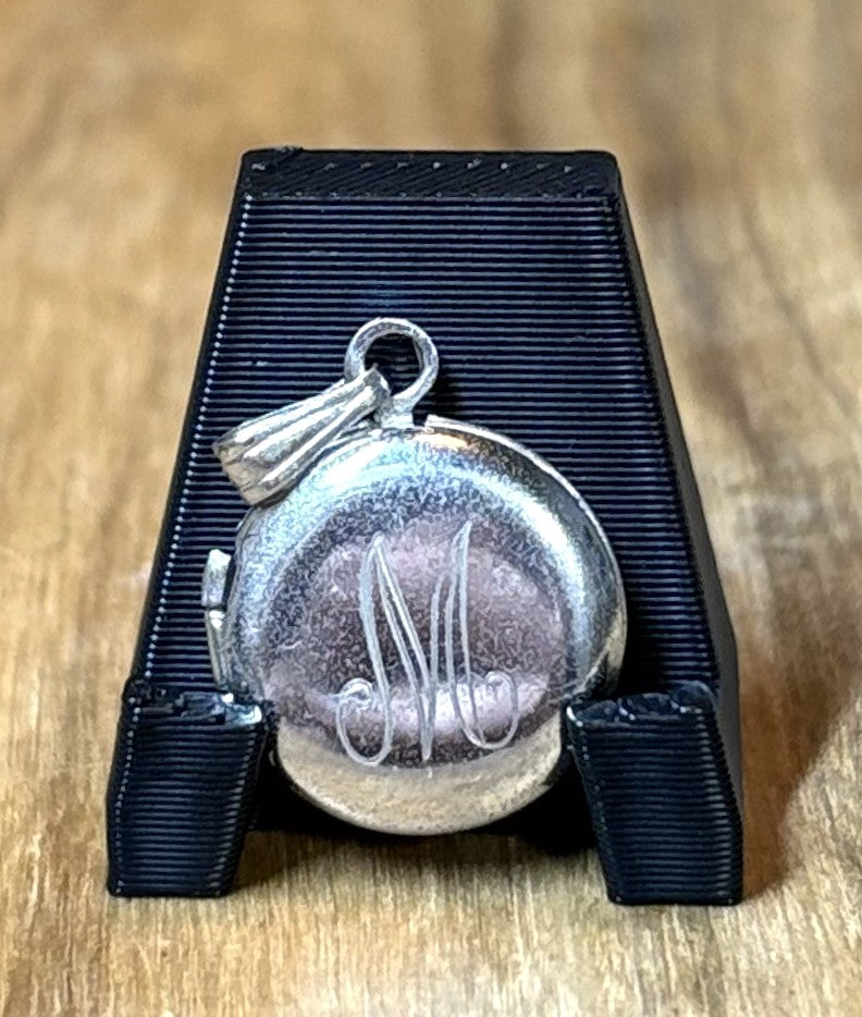 Antique Victorian Sterling Silver Monogrammed Round Locket Pendant - Victorian Era Hand-Engraved Silver Locket with Script Monogram "M"