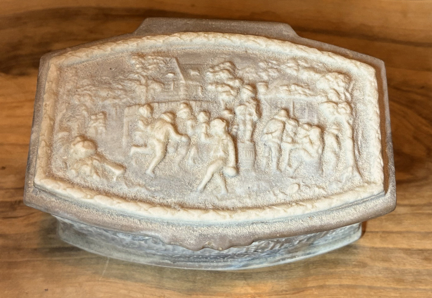 Vintage Incolay Stone Jewelry Box with Village Celebration Scene - Handcrafted Incolay Stone Trinket Box Dancing Villagers Relief