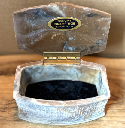 Vintage Incolay Stone Jewelry Box with Village Celebration Scene - Handcrafted Incolay Stone Trinket Box Dancing Villagers Relief