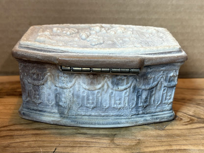 Vintage Incolay Stone Jewelry Box with Village Celebration Scene - Handcrafted Incolay Stone Trinket Box Dancing Villagers Relief