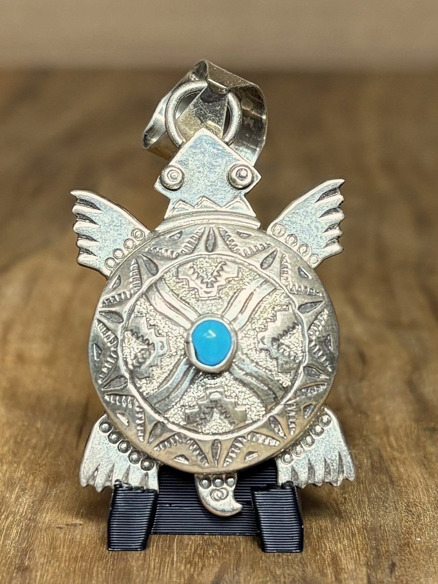 Alonzo Mariano Navajo Sterling Silver Turquoise Turtle Pendant  - Handmade Native American Turtle Pendant Sterling Silver & Turquoise