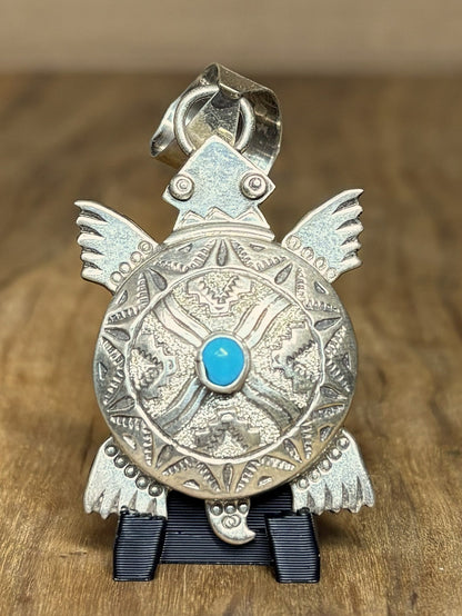 Alonzo Mariano Navajo Sterling Silver Turquoise Turtle Pendant  - Handmade Native American Turtle Pendant Sterling Silver & Turquoise