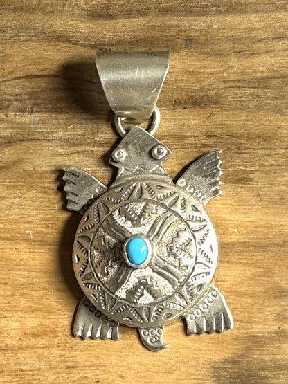 Alonzo Mariano Navajo Sterling Silver Turquoise Turtle Pendant  - Handmade Native American Turtle Pendant Sterling Silver & Turquoise