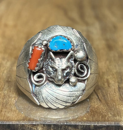 Navajo Wolf Head Ring Size 11 Sterling Silver Turquoise & Coral - Grace Smith Navajo Wolf Ring Size 11 Sterling Silver Turquoise Coral Signed "G"