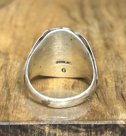 Navajo Wolf Head Ring Size 11 Sterling Silver Turquoise & Coral - Grace Smith Navajo Wolf Ring Size 11 Sterling Silver Turquoise Coral Signed "G"