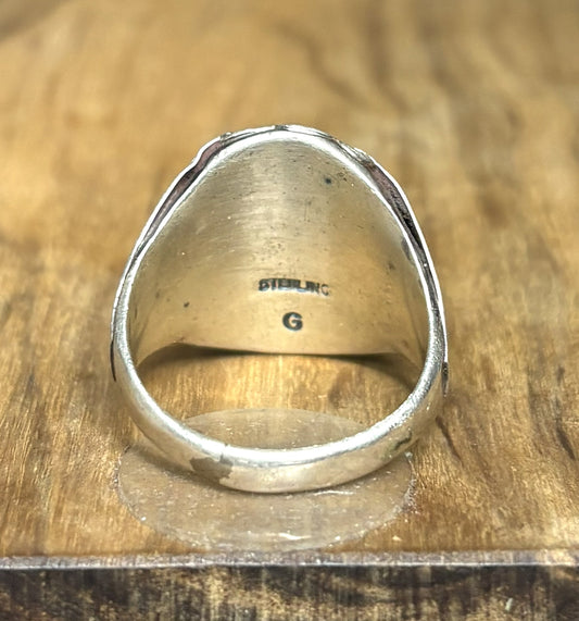 Navajo Wolf Head Ring Size 11 Sterling Silver Turquoise & Coral - Grace Smith Navajo Wolf Ring Size 11 Sterling Silver Turquoise Coral Signed "G"