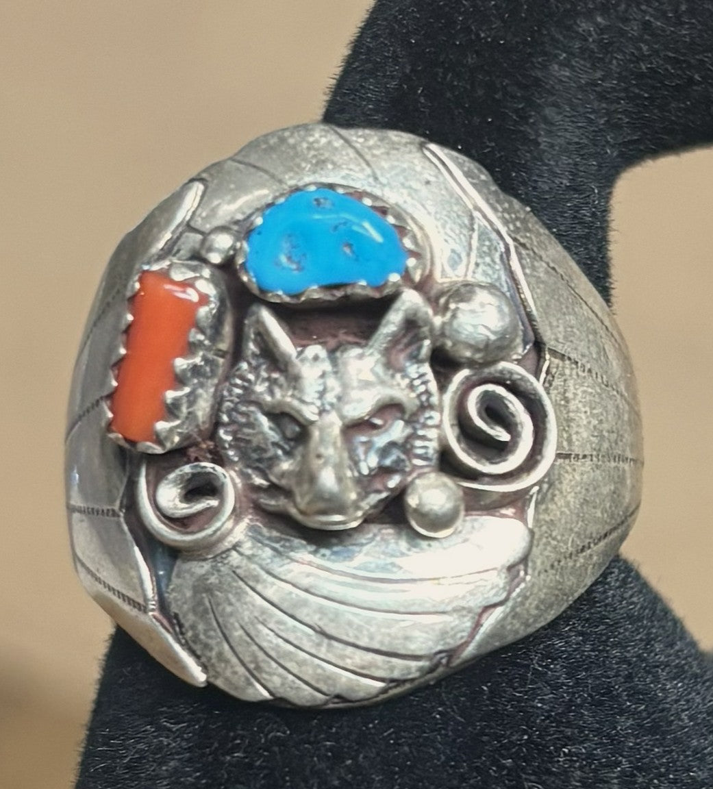 Navajo Wolf Head Ring Size 11 Sterling Silver Turquoise & Coral - Grace Smith Navajo Wolf Ring Size 11 Sterling Silver Turquoise Coral Signed "G"