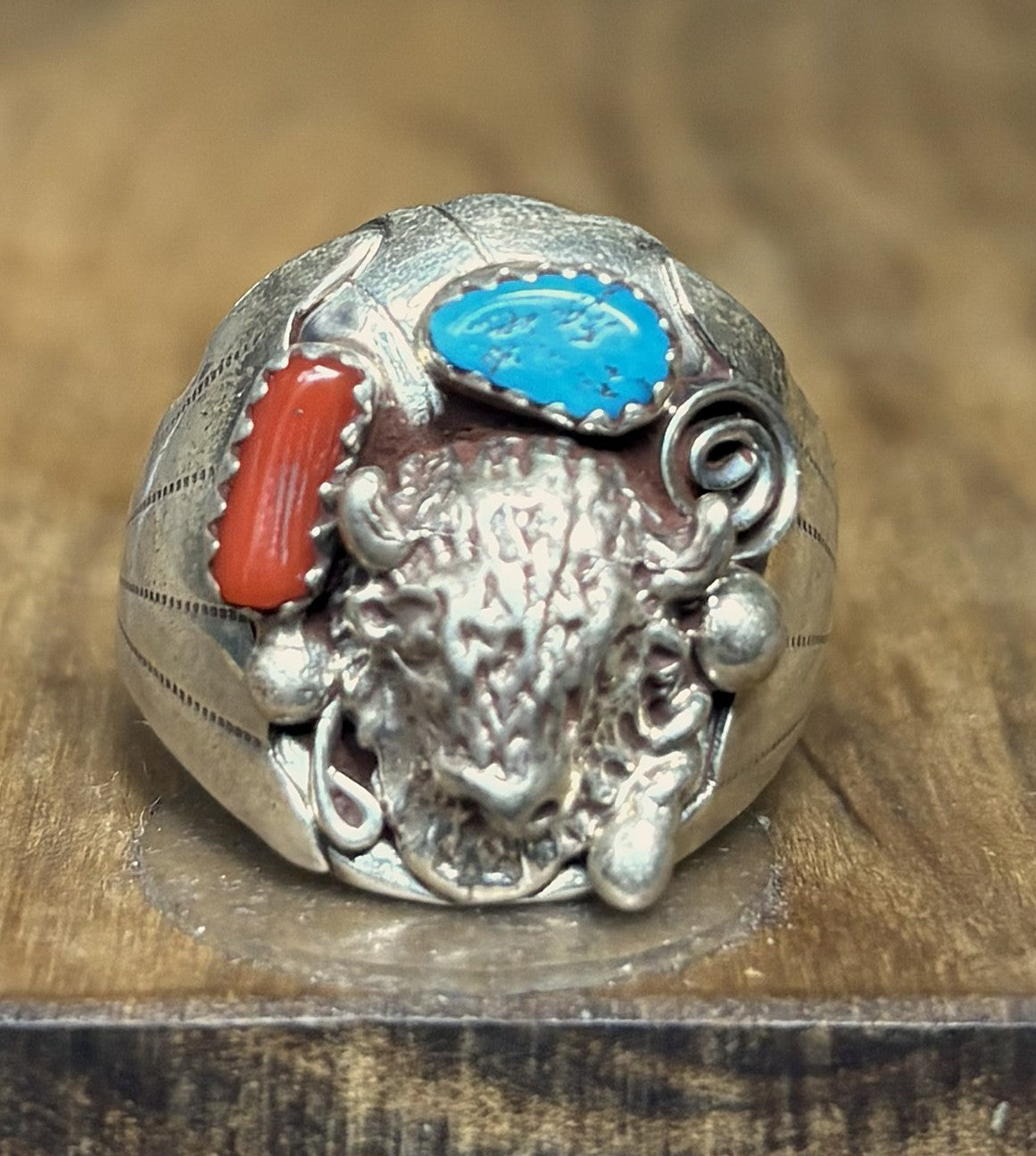 Handcrafted Native American Bison Ring, Sterling Silver with Turquoise and Red Coral, Size 11.5 - Men's Navajo Buffalo Ring Sz 11.5 925 Silver Genuine Turquoise Coral Southwestern