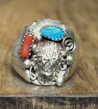 Handcrafted Native American Bison Ring, Sterling Silver with Turquoise and Red Coral, Size 11.5 - Men's Navajo Buffalo Ring Sz 11.5 925 Silver Genuine Turquoise Coral Southwestern