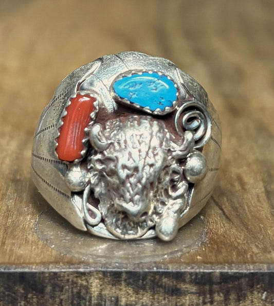 Handcrafted Native American Bison Ring, Sterling Silver with Turquoise and Red Coral, Size 11.5 - Men's Navajo Buffalo Ring Sz 11.5 925 Silver Genuine Turquoise Coral Southwestern