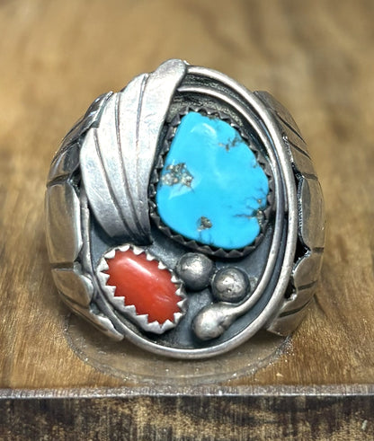 Vintage Navajo Sterling Silver Turquoise & Coral Ring, Signed Tsosie Family, Size 12 - Navajo Sterling Silver Men’s Ring, Turquoise & Red Coral, Signed Mel Tsosie, Sz 12
