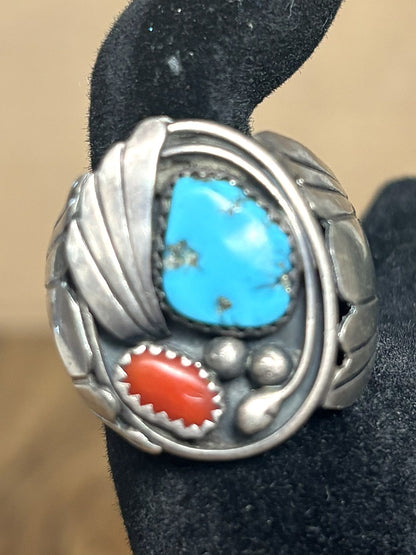 Vintage Navajo Sterling Silver Turquoise & Coral Ring, Signed Tsosie Family, Size 12 - Navajo Sterling Silver Men’s Ring, Turquoise & Red Coral, Signed Mel Tsosie, Sz 12