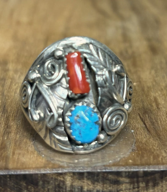 Navajo Handmade Turquoise and Coral Sterling Silver Ring, Hallmark "B", Size 11 - Navajo Sterling Silver Ring Size 11 Natural Turquoise & Red Coral Signed B