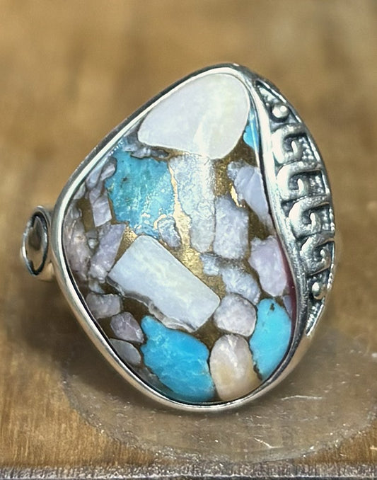 BBJ Designer Sterling Silver Statement Ring Size 9 Mosaic Turquoise & Spiny Oyster - Southwestern Style Mosaic Teardrop Ring: Spiny Oyster, Turquoise & Bronze Inlay