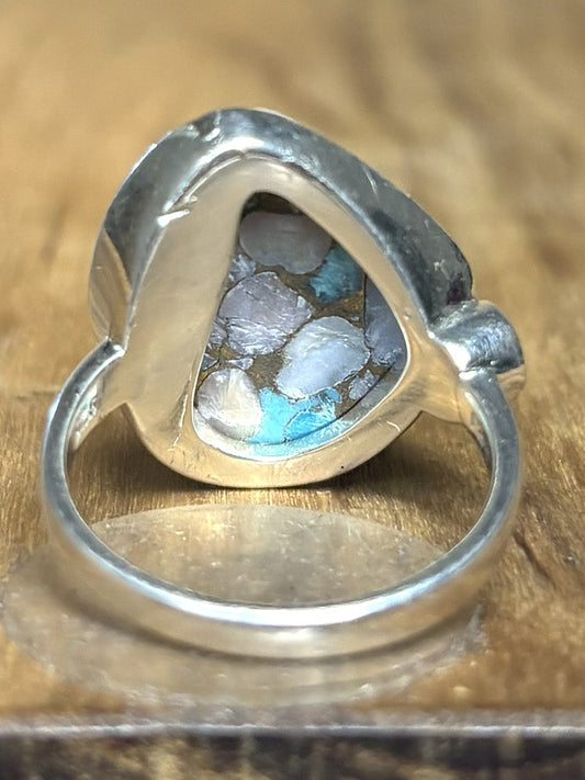 BBJ Designer Sterling Silver Statement Ring Size 9 Mosaic Turquoise & Spiny Oyster - Southwestern Style Mosaic Teardrop Ring: Spiny Oyster, Turquoise & Bronze Inlay
