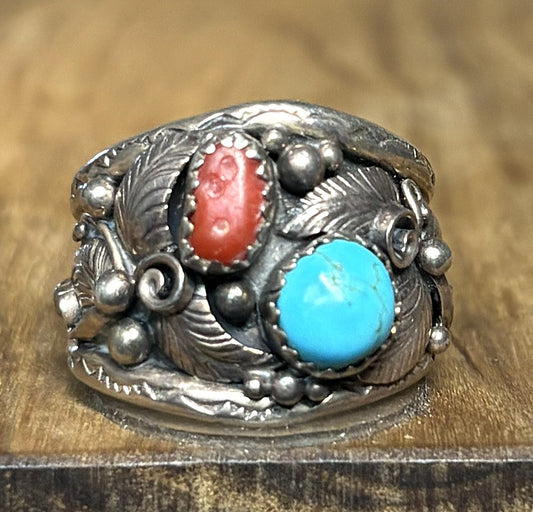 Vintage Navajo Sterling Silver Turquoise & Coral Ring Size 9.5 Signed JJ - Stamped "JJ" Navajo Native American Sterling Silver Turquoise & Coral Statement Ring Sz 9.5