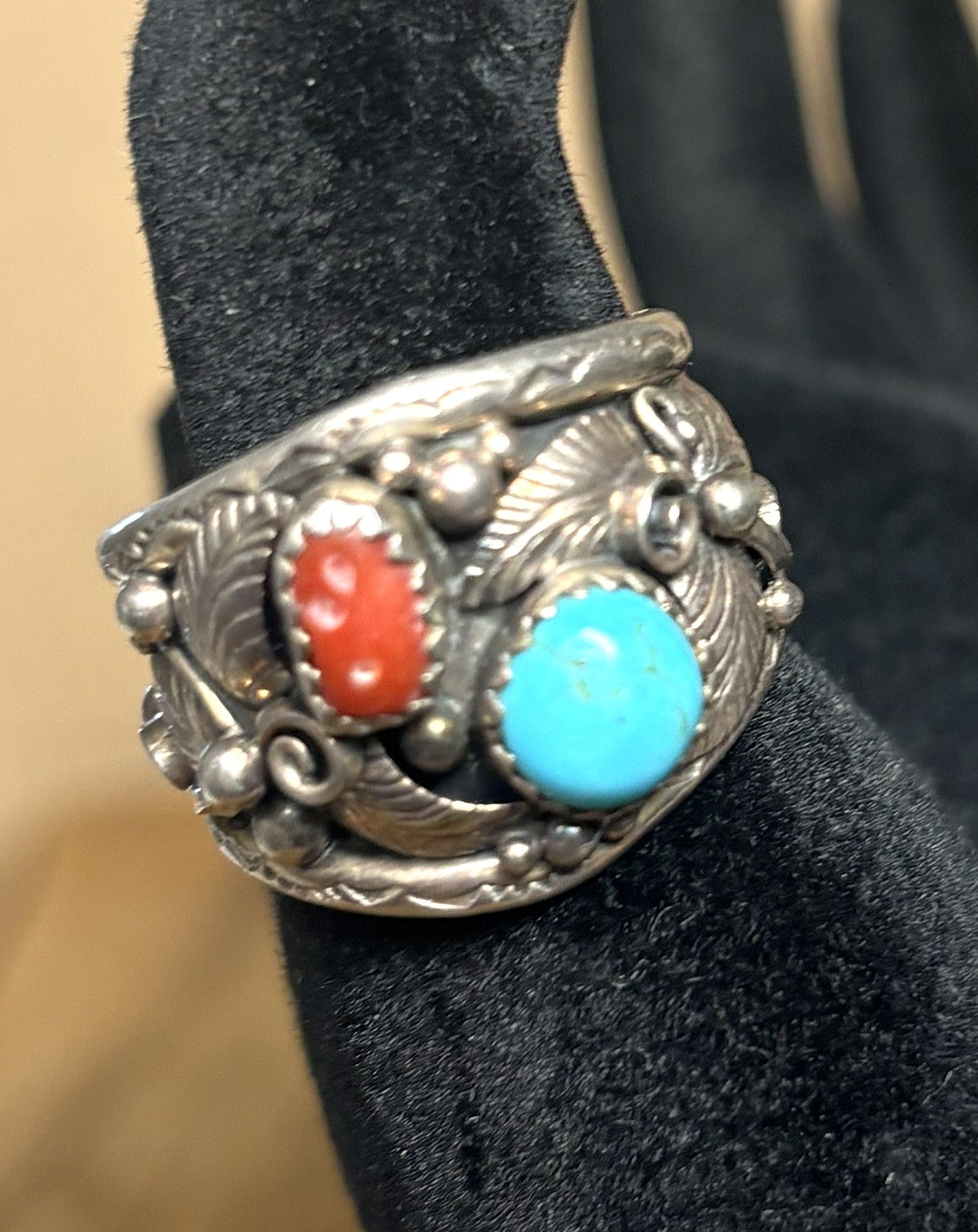 Vintage Navajo Sterling Silver Turquoise & Coral Ring Size 9.5 Signed JJ - Stamped "JJ" Navajo Native American Sterling Silver Turquoise & Coral Statement Ring Sz 9.5