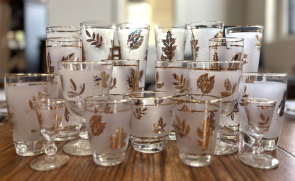 Rare Large 60+ Piece Collection Vintage Libbey 22K Gold Leaf Frosted Glassware - Libbey Golden Foliage 60+ Pc Master Set: Highballs, Rocks, Goblets & Cordials