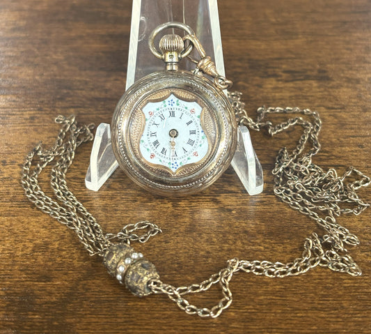 Antique LMiss .800 Silver Pocket Watch & Victorian Seed Pearl Slide Chain Starts/Stops - Antique Swiss K & M 80% Silver Pocket Watch & Long Slide Chain Necklace Repairable