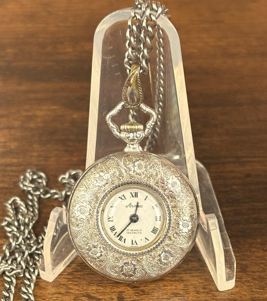 Vintage Arnex 17 Jewel Pendant Watch Silver Tone Floral Case Jams/For Repair - Arnex Mechanical Watch Pendant 17 Jewels Needs Service/Repair