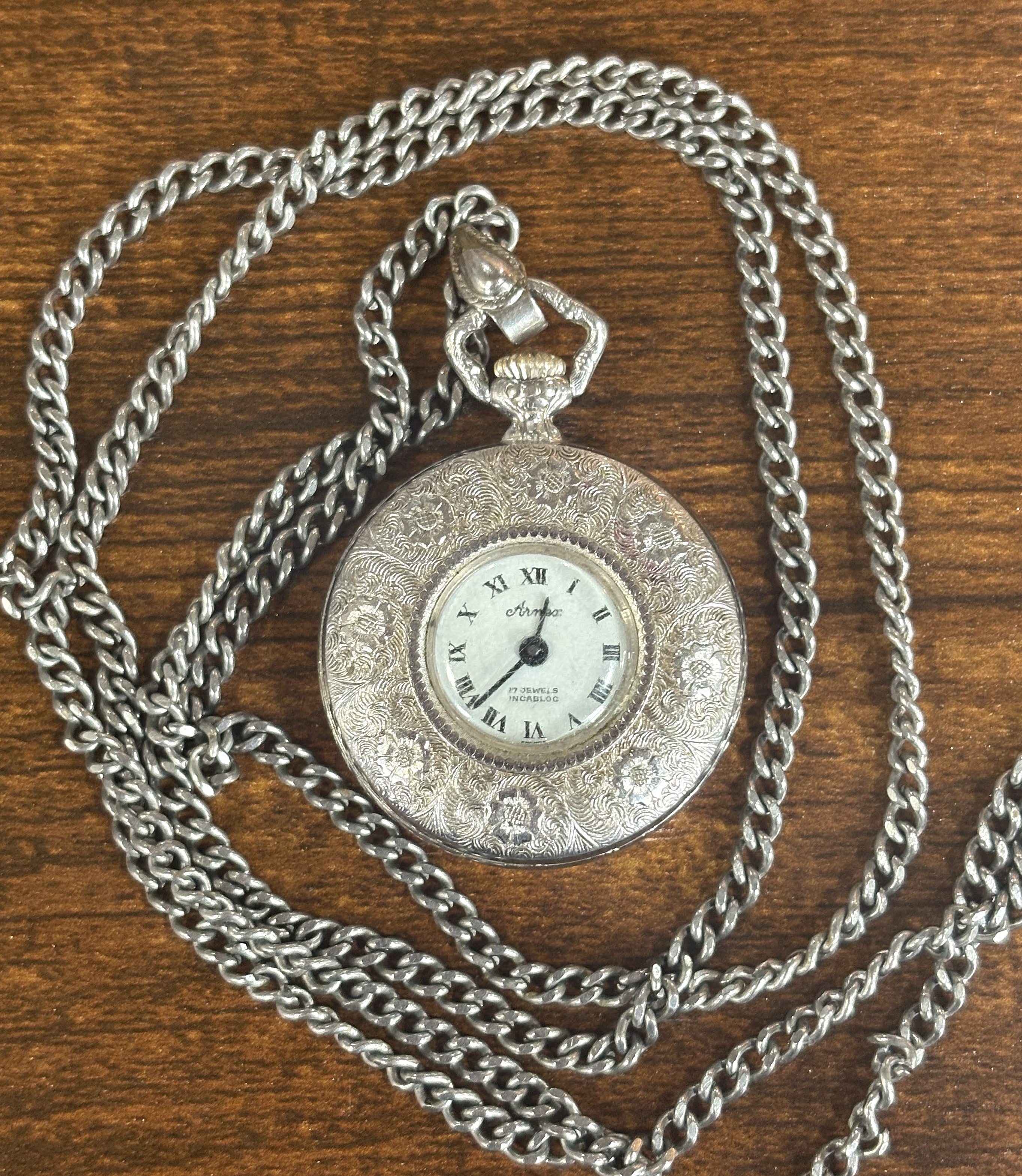 Vintage Arnex 17 Jewel Pendant Watch Silver Tone Floral Case Jams