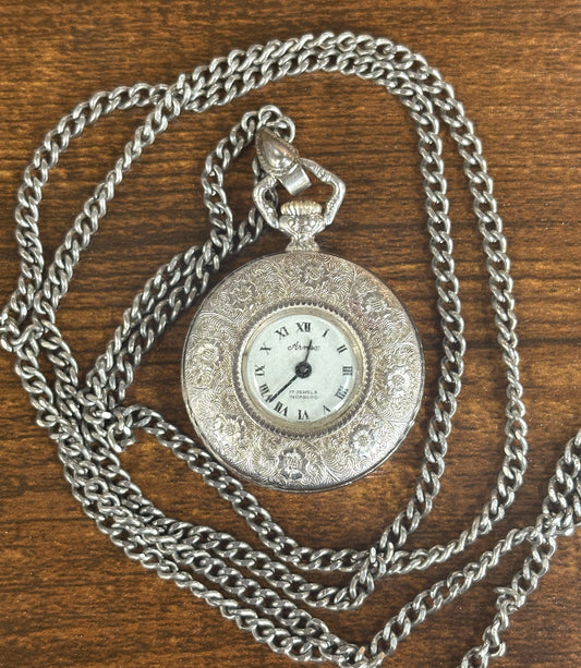 Vintage Arnex 17 Jewel Pendant Watch Silver Tone Floral Case Jams/For Repair - Arnex Mechanical Watch Pendant 17 Jewels Needs Service/Repair