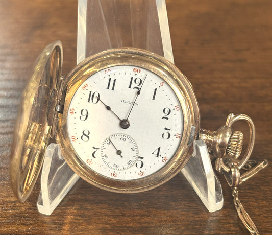 Antique 1908 Illinois Pocket Watch Grade 17211 Jewel Hunter Case w/ GF Chain - 1908 Illinois 11 Jewel Pocket Watch + GF Chain Grade 172 For Repair or Parts