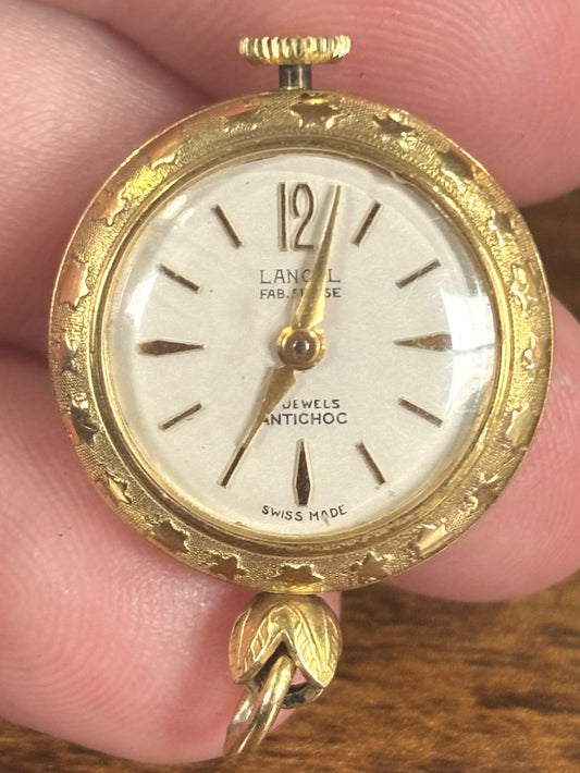 Vintage Lanco "Fab. Suisse" 17 Jewel Mechanical Women’s Watch 1950s Swiss Made Working - Antique Lanco Gold-Tone Pendant Watch 17 Jewels Antichoc Elegant Star Etched Bezel Runs Well