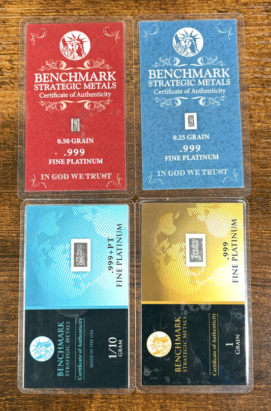 Benchmark Strategic Metals .999 Fine Platinum Bar Choose Size: 1/10 gram, 0.25, 0.50, or 1 Grain - Benchmark Strategic Metals Platinum Bar in COA Card .999 Fine Multiple Sizes