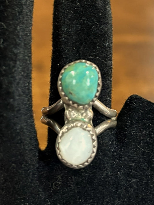 Handcrafted Sterling Silver Navajo-Style Ring With Natural Opal and a Ferrian/Zinc-Bearing Green Turquoise - Size 4.5 Sterling Silver Dual Stone Natural Opal and Zinc-Bearing Green Turquoise Ring