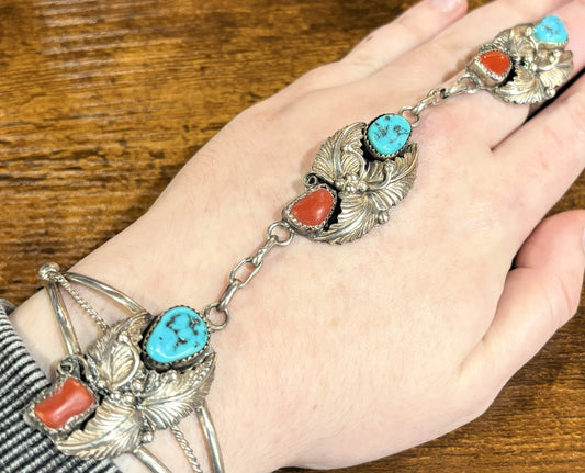 Vintage Navajo Sterling Silver Slave Bracelet Kingman Turquoise & Red Coral - Sterling Silver Southwestern Hand Chain Kingman Turquoise & Red Coral Gems